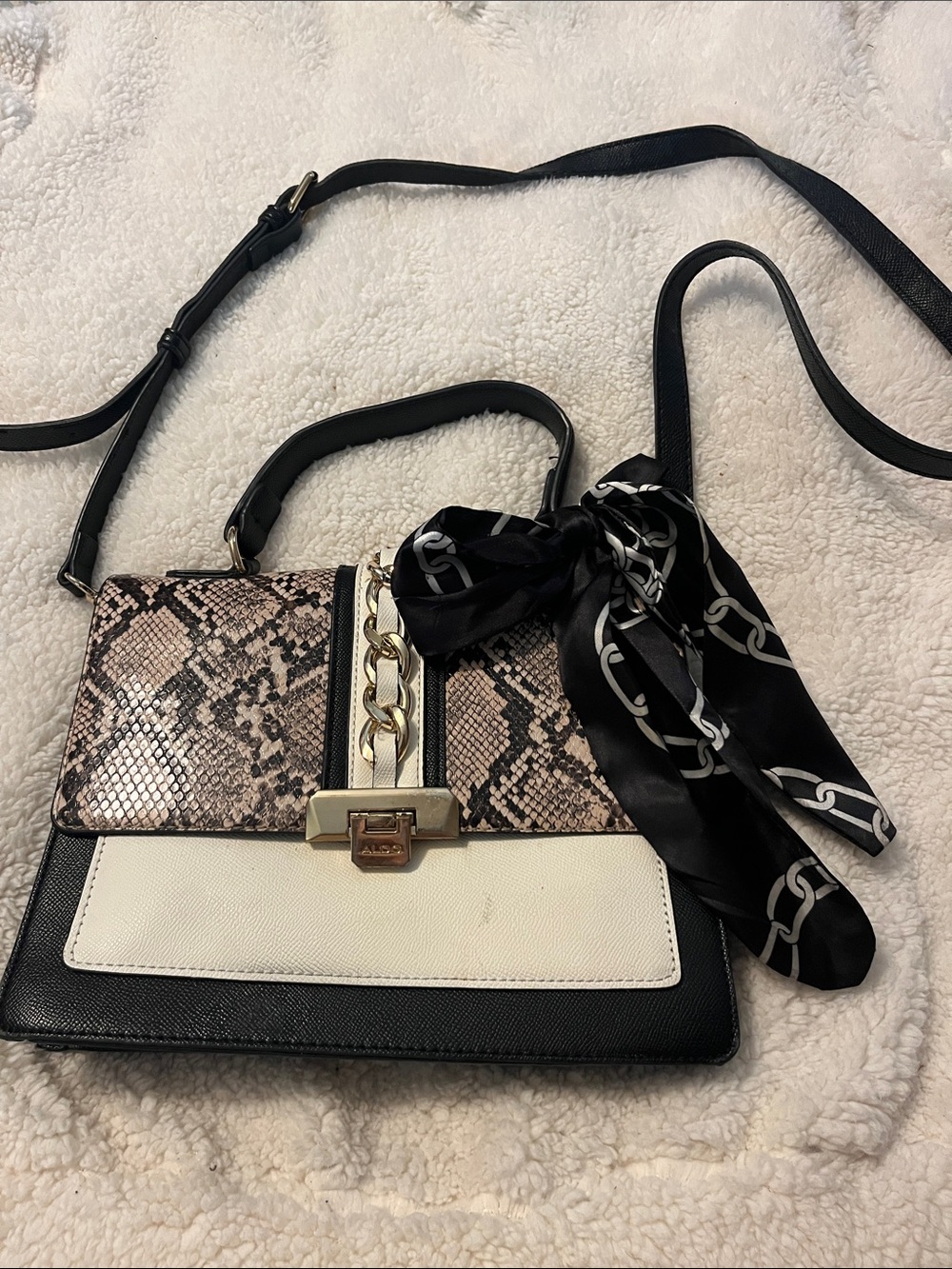 Aldo Black, Cream & Snake-Print Top-Handle Satchel